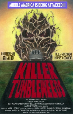 Killer Tumbleweeds movie poster featuring the monster over a road and the red film title