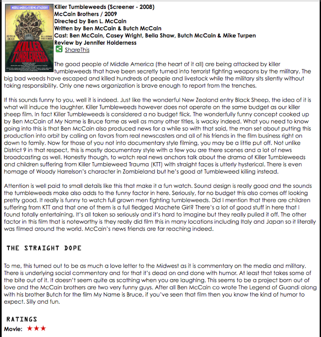 Original Killer Tumbleweeds review by Jennifer Holderness, including film credits, review and rating. Open the full-size scan below to enlarge the text.